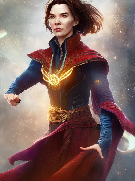 Image similar to female doctor strange, au naturel, hyper detailed, digital art, trending in artstation, cinematic lighting, studio quality, smooth render, unreal engine 5 rendered, octane rendered, art style by klimt and nixeu and ian sprigger and wlop and krenz cushart