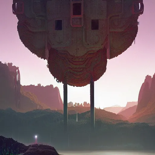 Image similar to digital artwork of a lush natural scene on an alien planet by simon stalenhag. extremely detailed. science fiction. interesting color scheme. beautiful landscape. weird vegetation. cliffs and water.