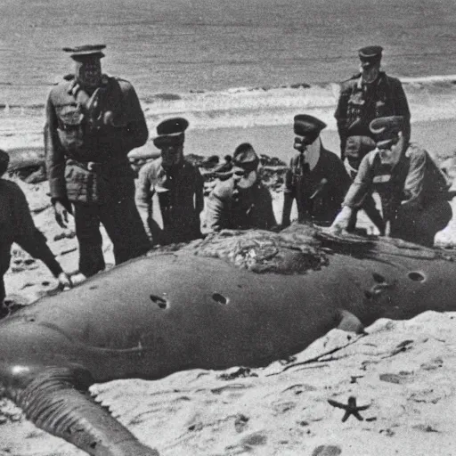 Image similar to 1940s photo, long shot, 5 soldiers looking at a huge creature washed up on a beach