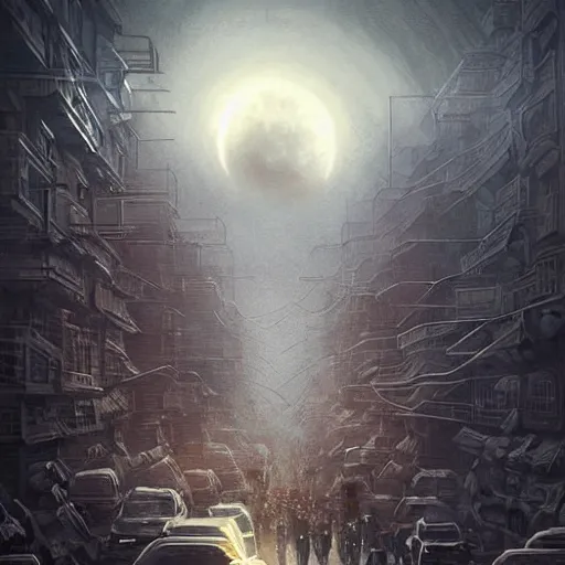 Image similar to It’s crowded on the streets of Russian commie blocks on the Moon city, Norilsk, sci-fi, fantasy, earth seen on the dark sky, intricate, very very beautiful, elegant, highly detailed composition, digital rendering, artstation, concept art, smooth, sharp focus, illustration, art by artgerm and greg rutkowski and alphonse mucha