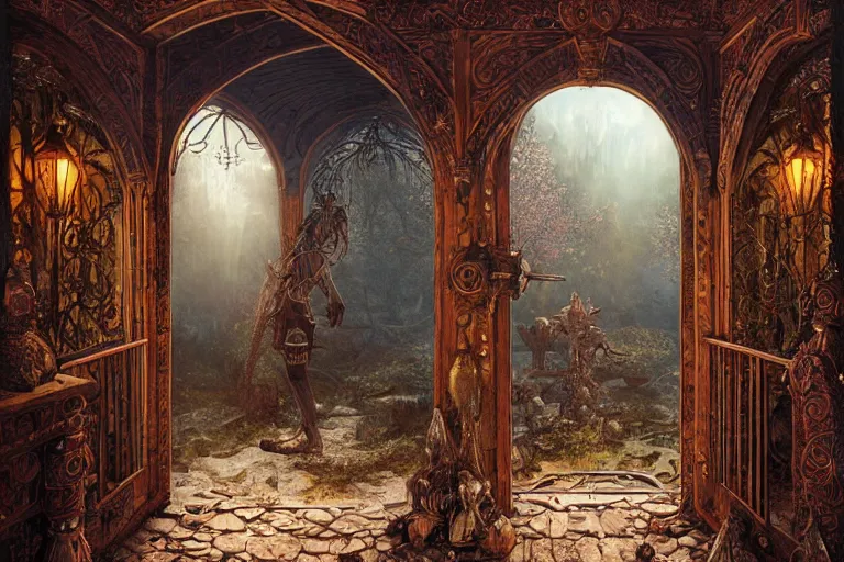 Image similar to large rustic intricately decorated wooden double door, metal handles, a view to a fantasy world, strong eerie back light, mist, fantasy art by james c christensen, norisyoshi ohrai, john hove