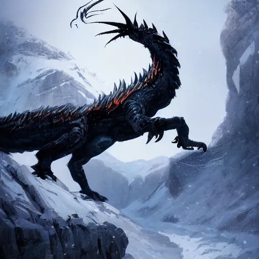 Image similar to giant black dragon in the snowy mountains, fantasy, greg rutkowski