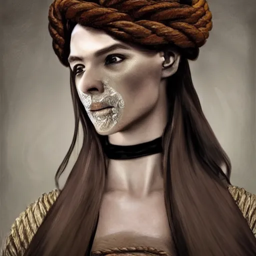 Image similar to portrait of a Shibari rope wrapped face and neck, headshot, insanely nice professional hair style, dramatic hair color, digital painting, of a old 15th century, young cyborg Rubber Nun, amber jewels, baroque, ornate clothing, scifi, realistic, hyperdetailed, chiaroscuro, concept art, art by Franz Hals and Jon Foster and Ayami Kojima and Amano and Karol Bak,