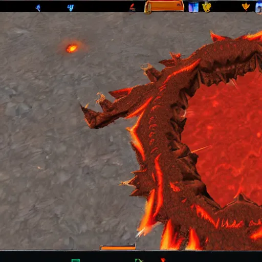 Image similar to TzKal-Zuk at the Inferno, old school runescape, lava river, magma, large shield of magma, obsidian pillars