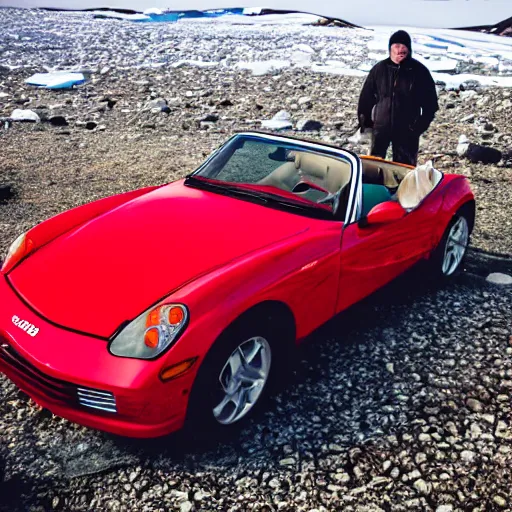 Prompt: photo of man driving a red convertible sports car in antarctica, 3 5 mm, full - hd