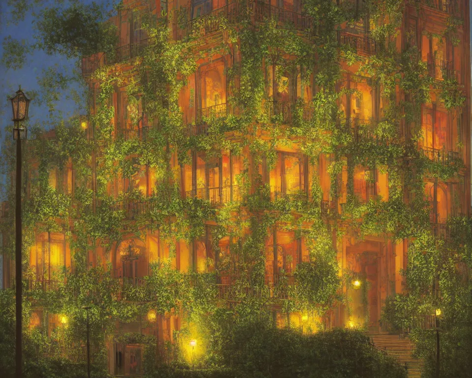 Prompt: an achingly beautiful print of a vibrant Turkish four seasons hotel, lit by glowing wrought-iron lanterns and overgrown with flowering ivy, on the Bosporus by Raphael, Hopper, and Rene Magritte. detailed, romantic, enchanting, trending on artstation.