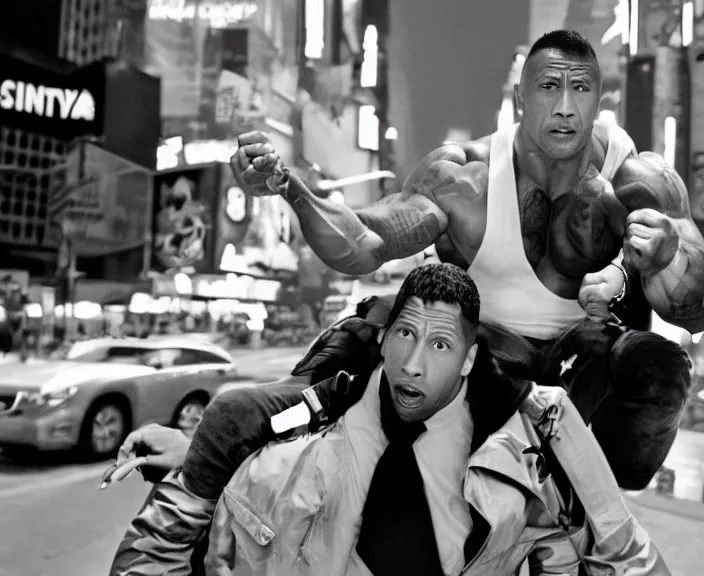 Image similar to Dwayne the Rock Johnson riding on the back of Adam Sandler, doing Methamphetamine at Times Square, photograph by Alfred Eisenstaedt, 4K, dramatic lighting; 4K 8K