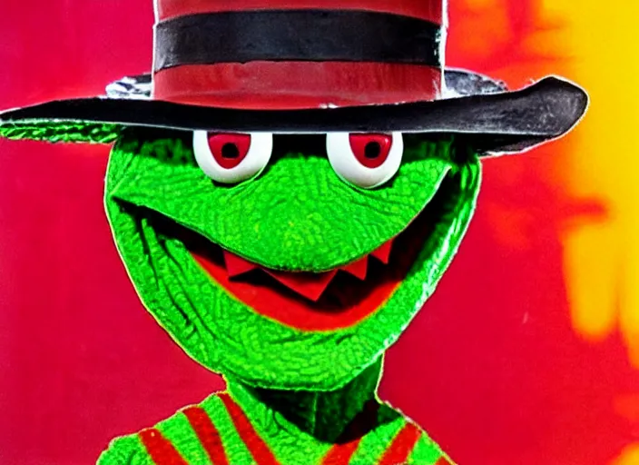 Prompt: freddy krueger as kermit the frog, happy face. long shot, colourful, happy colors, by hermann nitsch and hermann nitsch, high detail