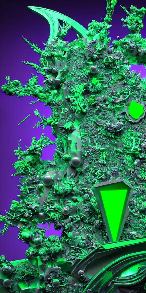 Prompt: 3 d photographic render of a deconstructed asymmetric mandelbulb sculpture, green bioluminescent chrometype, made of liquid purple metal, neotribal with thorns and green thunders, cyberpunk japanese temple, raytraced, hyper realistic, volumetric lightning, 8 k, by zhelong xu, ouchh and and innate studio