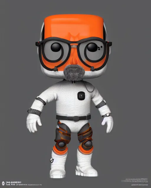 Image similar to full body 3d render of gordon freeman in his hev suit as a funko pop, studio lighting, white background, blender, trending on artstation, 8k, highly detailed