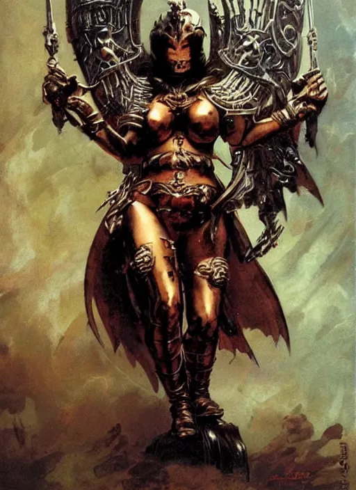 Prompt: portrait of european female chaos angel, beautiful! coherent! by frank frazetta, by brom, strong line, deep color, copper armor, iron helm, high contrast, maximalist