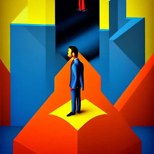 Image similar to ultra realistic portrait ofa man in suit in a studio, ultra detailed, under blue, red and yellow cinematic lighting, salvador dali, cartoon, monument valley, escher