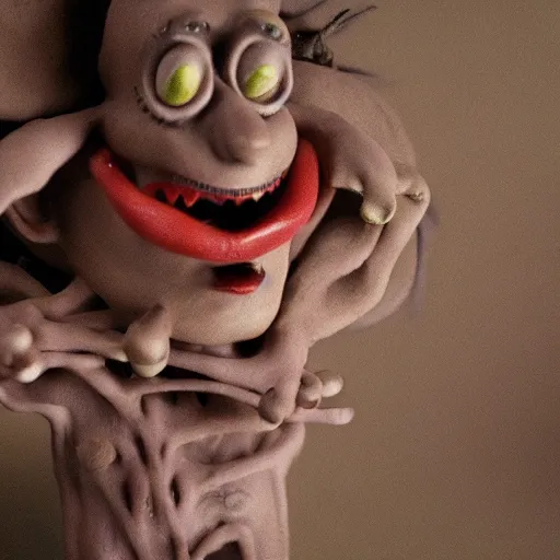 Image similar to Dunwhich horror by Tim Burton and Mike mignola, claymation, stop motion, depth of field, 35mm, 1.2 fl, close up, 4k, hyper realistic, atmospheric, Arnold render