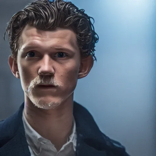 Image similar to tom holland as a rough dirty old man with a scruffy beard in a dark blue trenchcoat as the new doctor who, cinematic, volumetric lighting, f 8 aperture, cinematic eastman 5 3 8 4 film, photorealistic