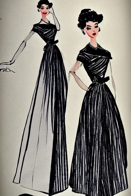 Image similar to a detailed fashion illustration of a 5 0 s hostess gown