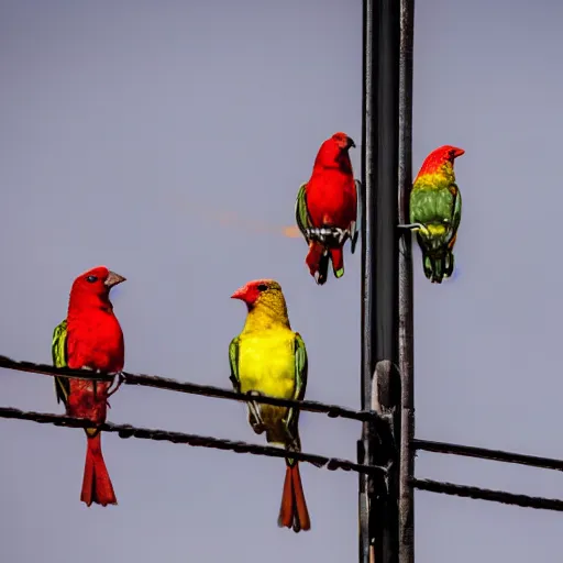 Prompt: red, yellow, and green birds sitting on a power line