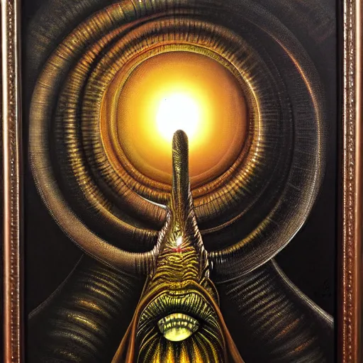 Image similar to peer into the depths of the endless cosmic void, shine a light on your fears. hr giger, oil on canvas
