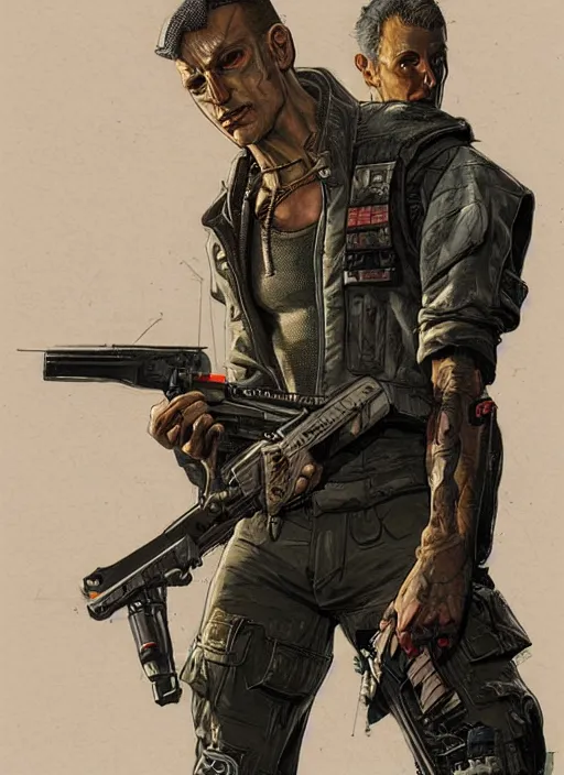 Image similar to menacing cyberpunk mercenary in military vest and jumpsuit. dystopian. portrait by stonehouse and mœbius and will eisner and gil elvgren and pixar. realistic proportions. cyberpunk 2 0 7 7, apex, blade runner 2 0 4 9 concept art. cel shading. attractive face. thick lines.