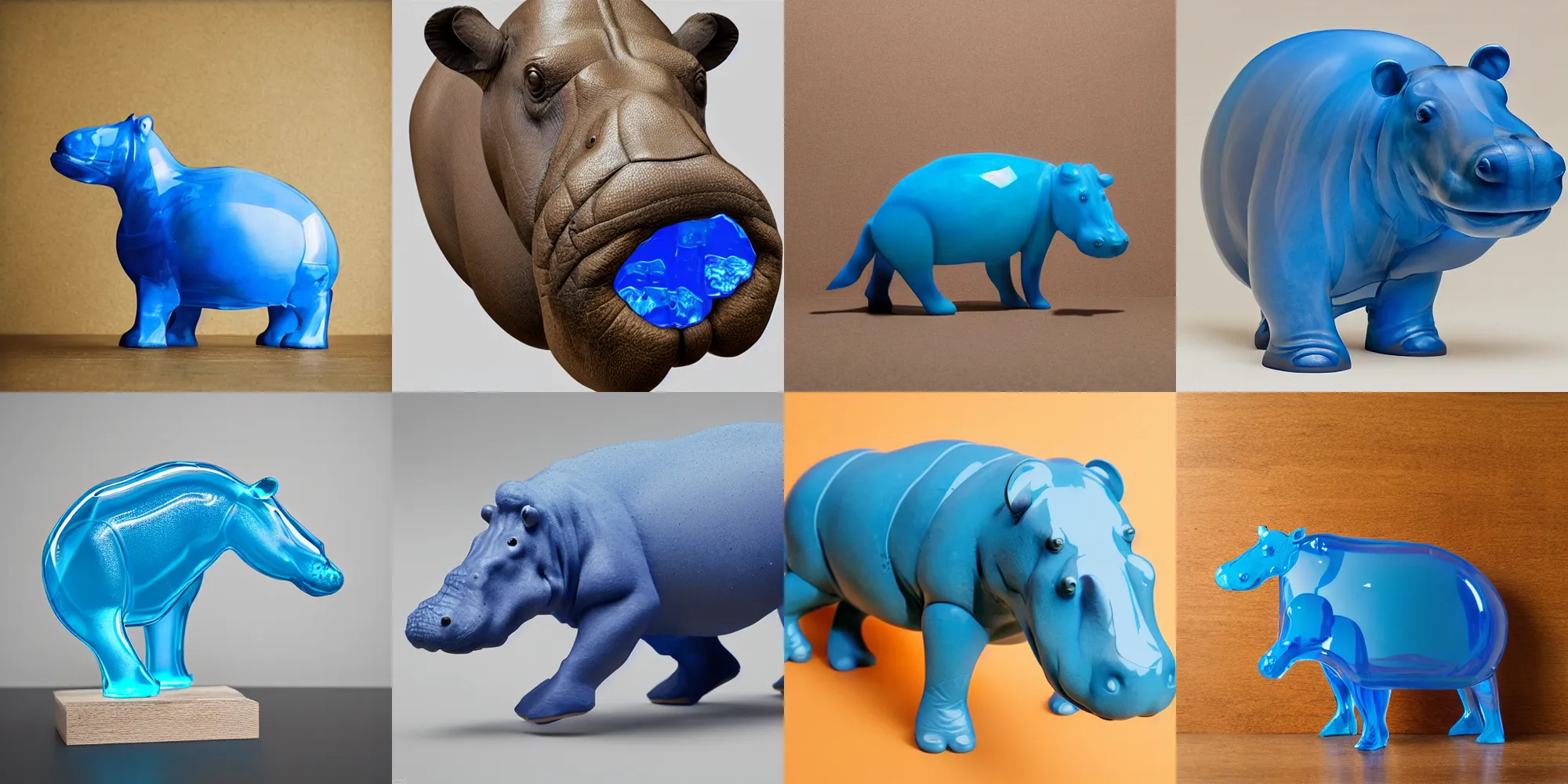 Prompt: ebay. studio. assembled hippo collage sculpture, assembled, blue transparent jelly, wood and blue resin, octane, vray, c 4 d