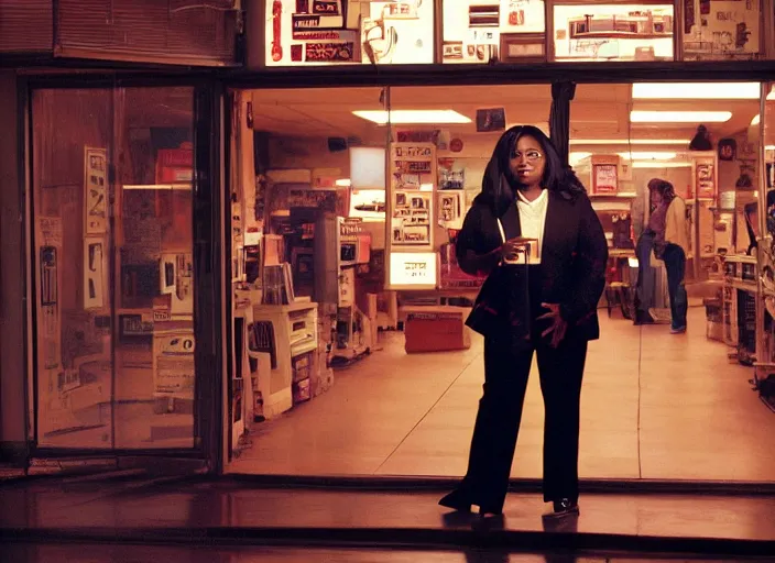 Prompt: cinematic wide shot of backlit windows of a narrow used electronics store, octavia spencer wanders the messy aisles, keyboards, iconic scene from the paranoid thriller sci fi film directed by stanley kubrick, anamorphic cinematography, beautiful composition, color theory, leading lines, photorealistic, volumetric lighting