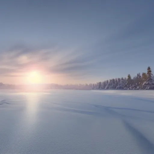 Prompt: High quality photo of sun setting over the frozen lake in winter surrounded by nature, 4k highly detailed, artstation