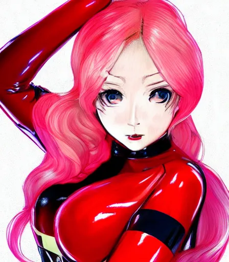 Image similar to beautiful ann takamaki from Persona 5 in her red latex outfit digital portrait in the style of stanley artgerm