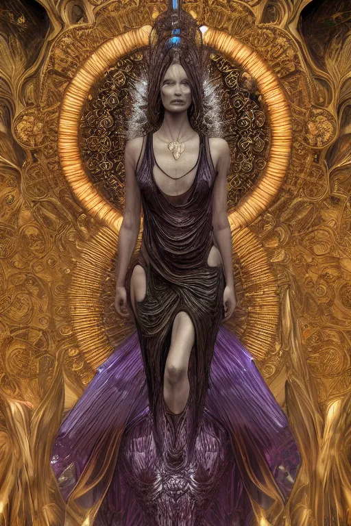 Image similar to a realistic moody photo of a beautiful ancient alien woman goddess kate moss kali standing in iris van herpen dress jewelery and fractals in style of alphonse mucha art nuvo dmt trending on artstation made in unreal engine 4