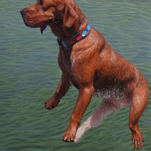 Prompt: intricate five star dog playing in the water by monica lee, colored pencil on paper, high detail, skin texture, photo realistic, hyperrealism, matte finish, high contrast, 3 d depth, masterpiece, vivid colors, artstationhd