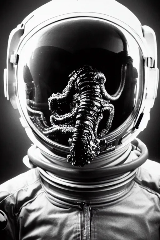 Image similar to extremely detailed studio portrait of space astronaut, alien tentacle protruding from eyes and mouth, slimy tentacle breaking through helmet visor, shattered visor, full body, soft light, disturbing, shocking realization, hyper detailed, award winning photo by letizia battaglia