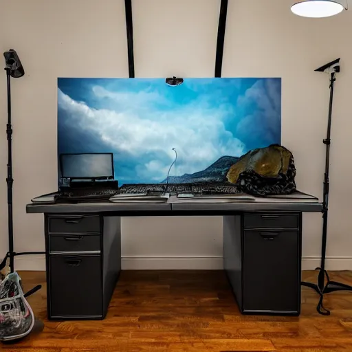 Prompt: a desk made out of thunder clouds, studio lighting, very detailed, high quality photo