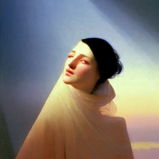 Image similar to a young woman's face, her hair is white and she wears a cobalt blue satin cloak, by ivan aivazovsky and syd mead and moebius and gaston bussiere and roger dean and pieter claesz and paul delaroche and alma tadema and aelbert cuyp and jean giraud, hyperrealistic, volumetric light, octane render