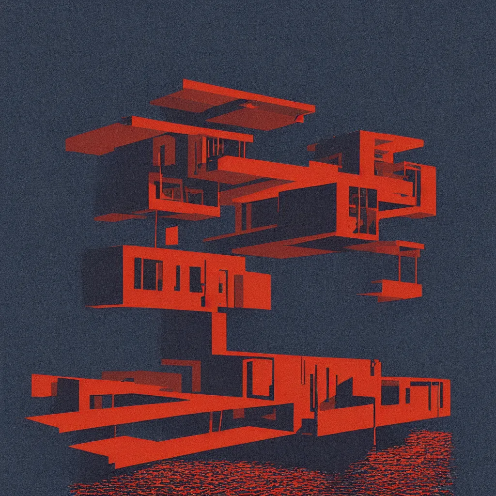 Prompt: sitting on a dock, mads berg, karolis strautniekas, film noir, stippled light, dramatic lighting, editorial illustration, detailed, fine texture, matte print, art deco, brutalism, dark blue + dark orange, red, black, ( ( habitat 6 7 background ) )