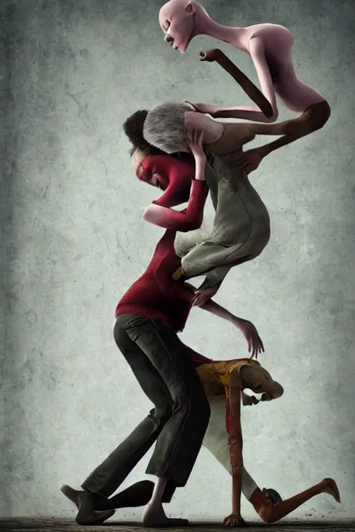 Image similar to man breaking into pieces while a woman tries to hold the fallen parts, surreal, ray caesar