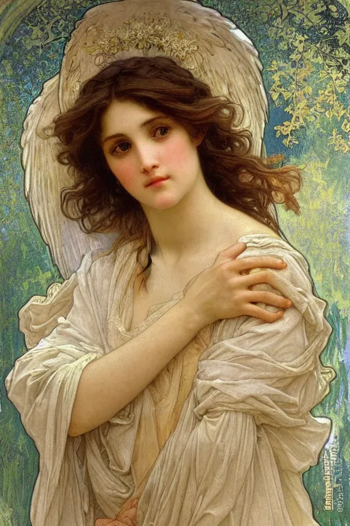 Image similar to portrait of a beautiful angel, intricate, elegant, hyperdetailed by alphonse mucha and william - adolphe bouguereau and john william waterhouse