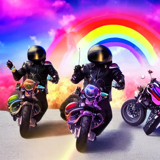 Prompt: a pack of cute fluffy rainbow kittens wearing black jackets each riding a motorcycle, dynamic cinematic lighting high detailed digital art