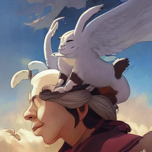 Prompt: medium shot of appa from the last airbender flying through the sky, fantasy, intricate, elegant, dreamy, highly detailed, digital painting, artstation, concept art, smooth, sharp focus, illustration, art by artgerm and greg rutkowski and alphonse mucha