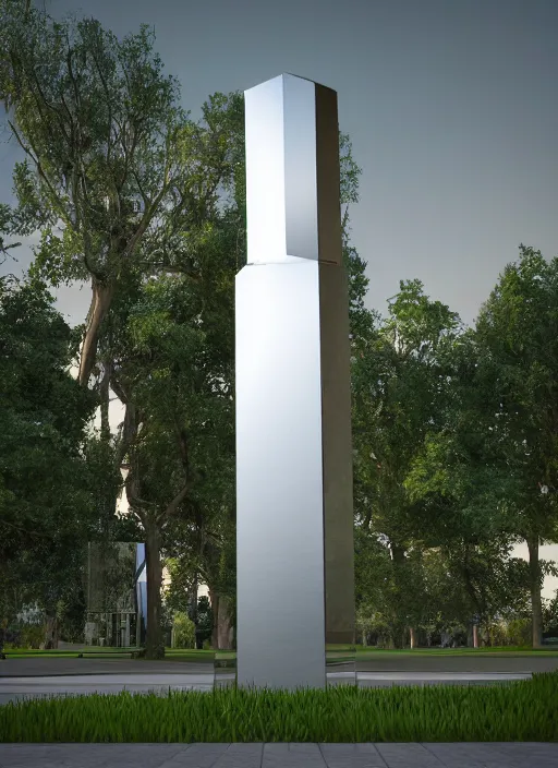 Image similar to highly detailed realistic architecture 3 d render of a futuristic mirrored stele monument in frank lloyd wright style standing in city park, archdaily, made in unreal engine 4 octane render