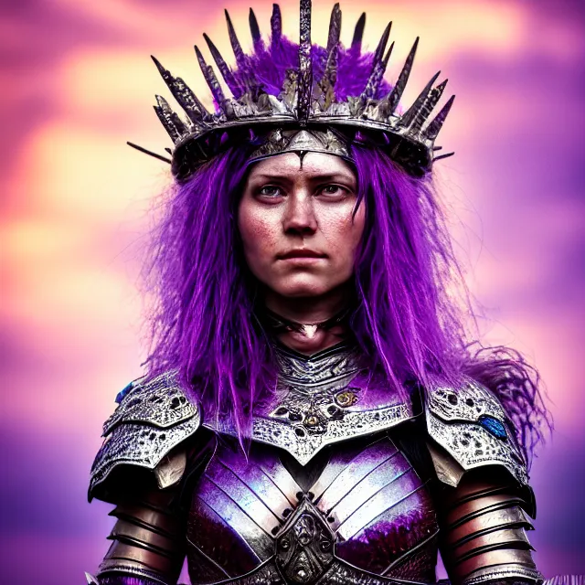 Image similar to photo of a beautiful strong warrior queen wearing amethyst encrusted armour, highly detailed, 4 k, hdr, smooth, sharp focus, high resolution, award - winning photo