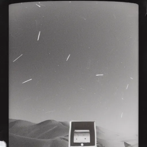 Image similar to a distant slot machine in the middle of a desert at night, very dark, dark lighting, old polaroid, damaged film, expired film, slightly blurry, liminal space, surreal,