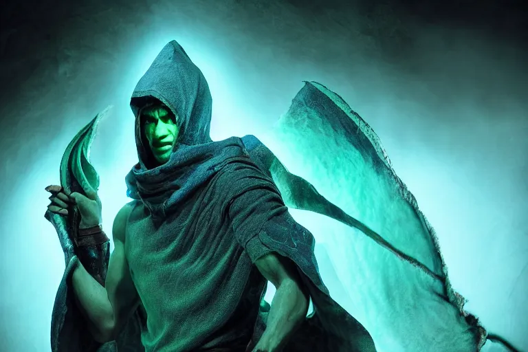 Image similar to vfx film, soul reaver, raziel irl, price of persia movie, missing jaw, hero pose, devouring magic souls, scarf, hood, glowing green soul blade, in epic ancient sacred huge cave temple, flat color profile low - key lighting award winning photography arri alexa cinematography, hyper real photorealistic cinematic beautiful, atmospheric cool colorgrade