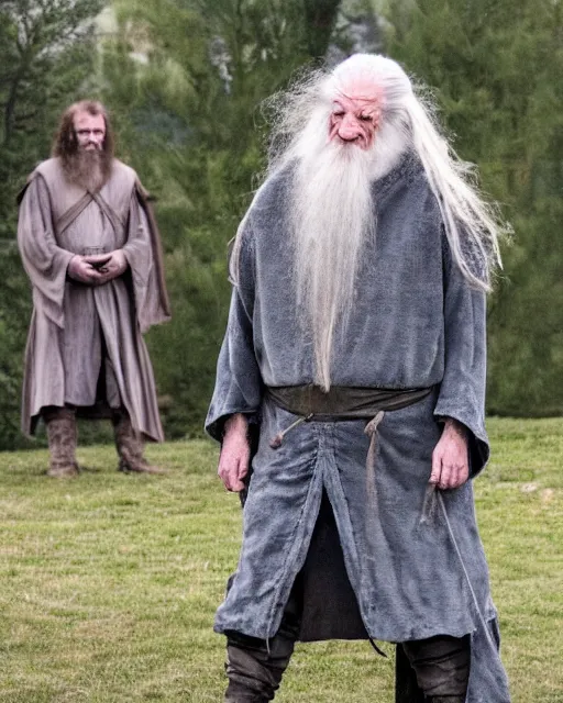Prompt: Candid photo of Hide the Pain Harold dressed as Gandalf the Grey, with ruined Isengard in the background