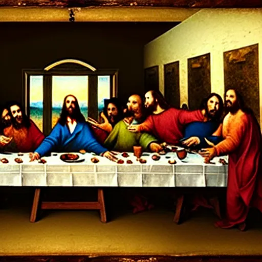 Image similar to the vampires from the show What we do in the shadows in the painting of the last supper by Leonard Da Vinci , photograph, ultrarealistic