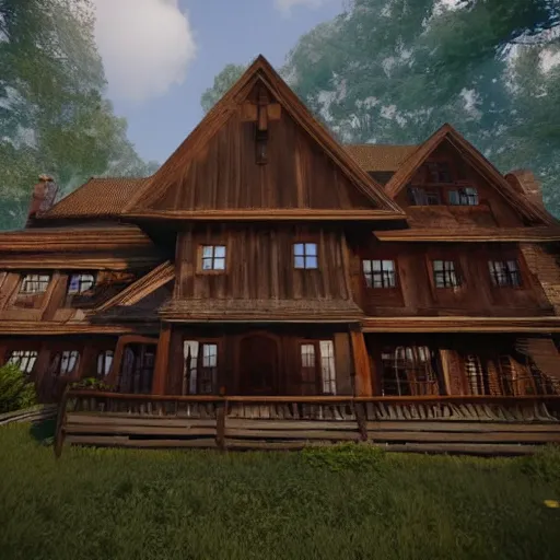 Image similar to Peaceful wooden mansion, unreal engine 5 tech demo