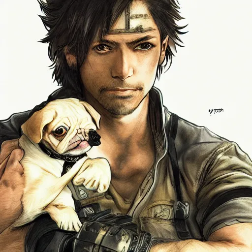 Prompt: young white hispanic handsome man with short light brown hair and light skin and a 5 o clock shadow and holding a pug while fighting against two swordsmen pencil art, added detail, high definiton, colored, backfacing, illustrated by yoji shinkawa