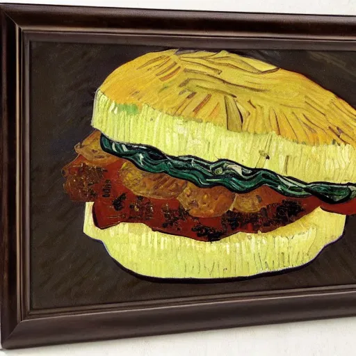 Prompt: onion steak sandwich painted by Van Gogh