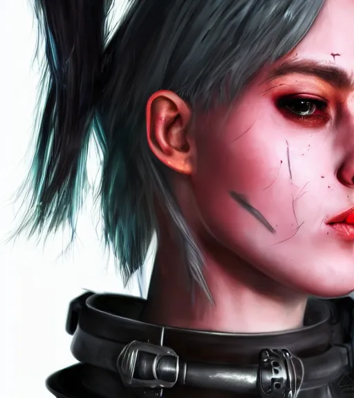 Image similar to detailed realistic female character cyberpunk wearing thick steel collar around neck, realistic, art, beautiful, 4K, collar, choker, collar around neck, punk, artstation, detailed, female, woman, choker, cyberpunk, neon, punk, collar, choker, collar around neck, thick collar, tight around neck, punk,