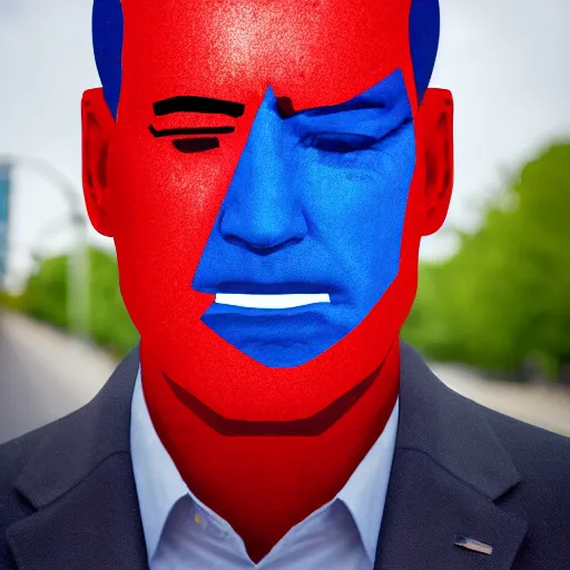 Image similar to portrait of asphalt face, joe biden, primary colors, faceted reflections, angry looking at camera, lasers shooting out of eyes, outdoor, black sky, 8 k, realistic, depth of field, highly detailed, award winning photography.