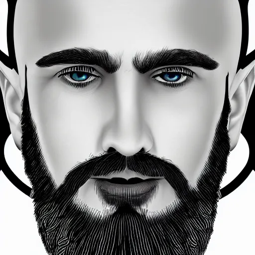 Image similar to man with beard, his irises are hexagons, digital art, highly detailed