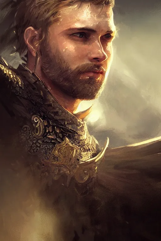 Image similar to king arthur's knight, close-up portrait, powerfull, intricate, elegant, volumetric lighting, scenery, digital painting, highly detailed, artstation, sharp focus, illustration, concept art, ruan jia, steve mccurry