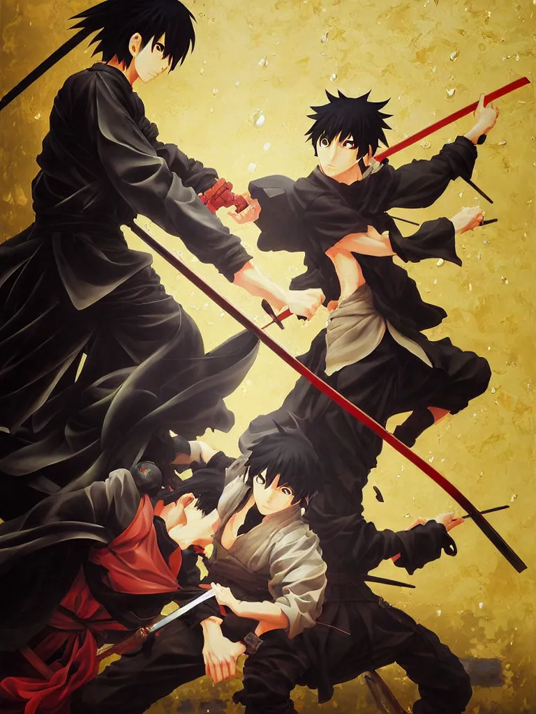 Prompt: baroque oil painting of key visual ninja duel, rain, rule of thirds golden ratio, fake detail, trending pixiv fanbox, acrylic palette knife, style of makoto shinkai takashi takeuchi yoshiyuki sadamoto